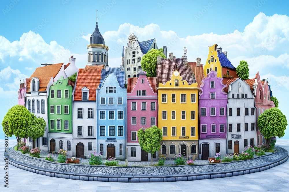 Obraz premium A 3D-rendered model of Riga Old Town, highlighting its medieval architecture and lively streets