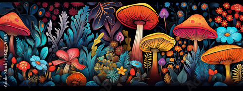 Colorful Fantasy Mushrooms and Botanical Illustration in a Dense Night Garden