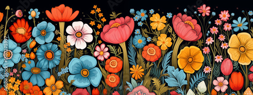 Colorful Wildflowers Blooming in a Whimsical Garden at Night