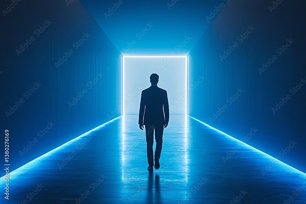Obraz premium Silhouette of a man in a suit walking towards a bright light at the end of a blue neon-lit hallway. Mysterious and hopeful.