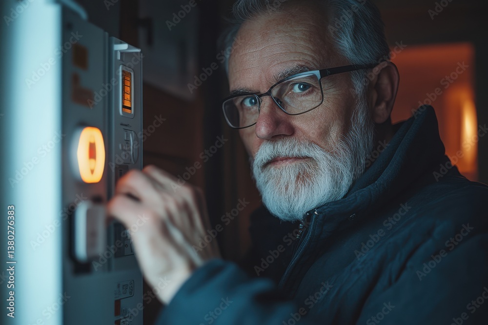 Senior Man Adjusting Smart Home Security and Automation System, bearded man interacting with a futuristic digital keypad, security and safety through intelligent technology