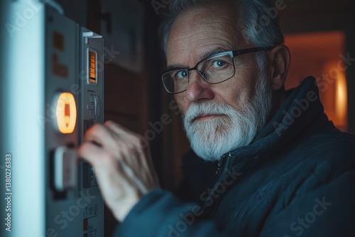 Obraz na płótnie Senior Man Adjusting Smart Home Security and Automation System, bearded man interacting with a futuristic digital keypad, security and safety through intelligent technology w salonie