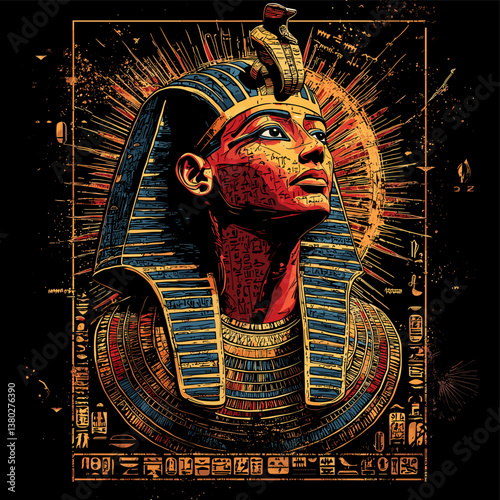 Pharaoh with Egyptian Headdress and Hieroglyphic Background in Vibrant Ancient Art Style