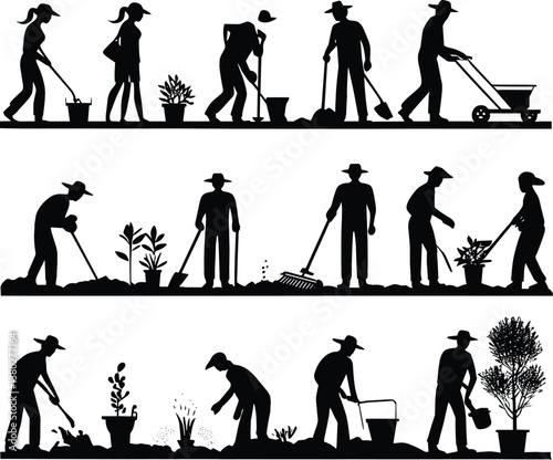 Set of black silhouettes of gardeners working in garden.