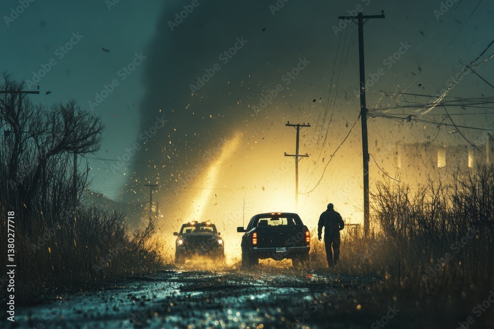 Storm Chasers Pursuing Massive Tornado, stormy sky over rural landscape, thrill of exploration and survival strategy