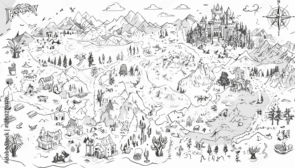 Obraz premium Fantasy map elements illustration, drawing, engraving, ink, line art, vector