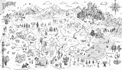 Fantasy map elements illustration, drawing, engraving, ink, line art, vector