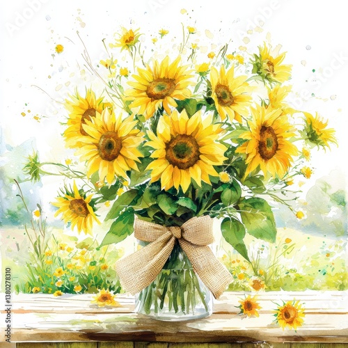 Sunflowers in a Glass Vase with Burlap Bow