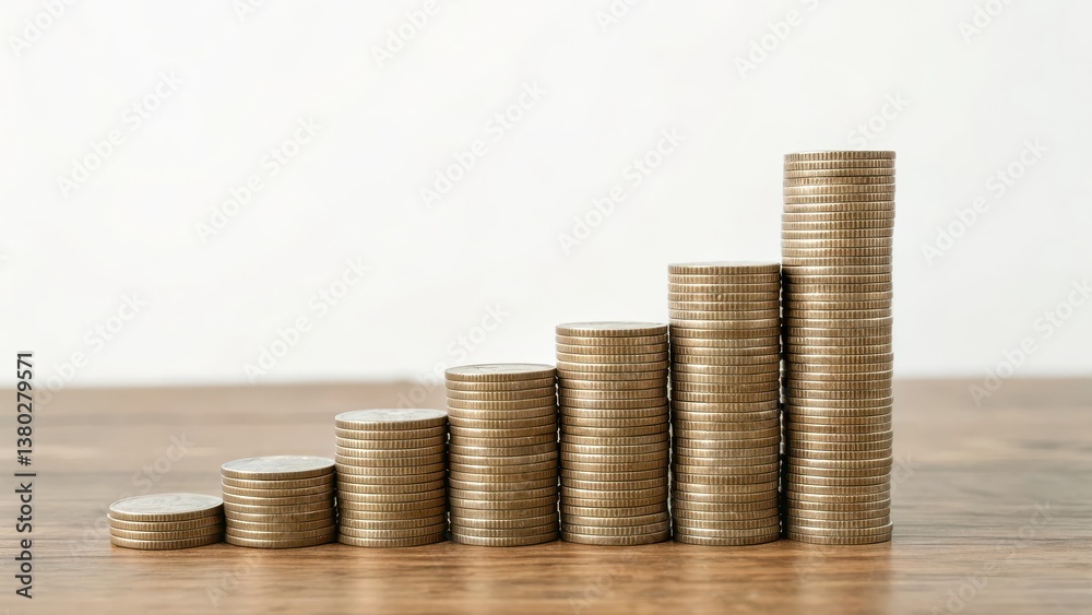 Sale & Save Money Concept. Stacks of coins increasing in height on a wooden surface. Sale & Save Money Concept. Stacks of coins increasing in height on a wooden surface.