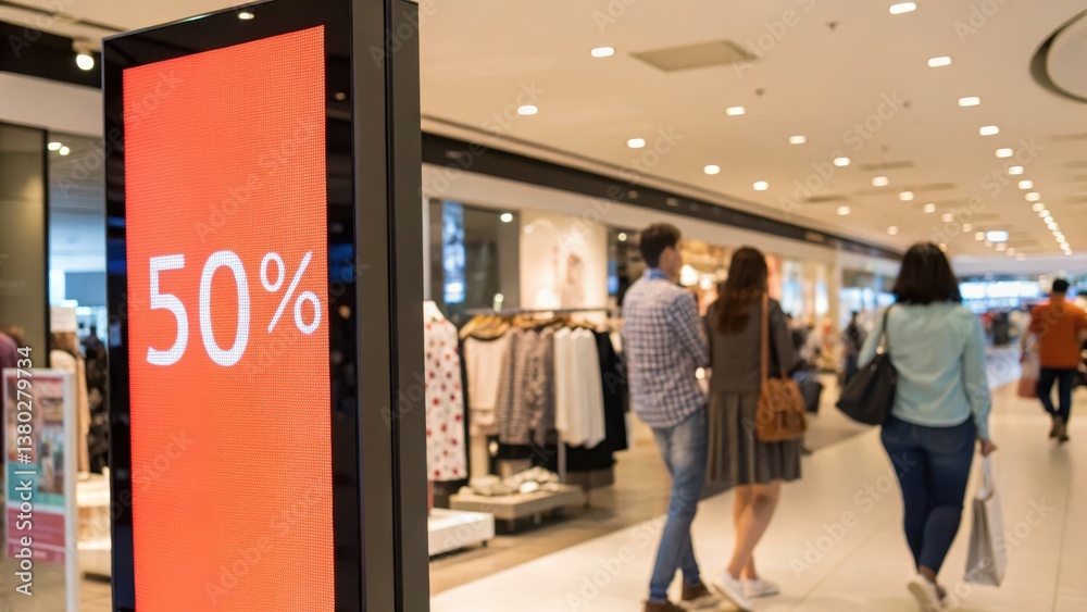 Fototapeta premium Sale & Save Money Concept. Digital sale sign in a shopping mall displaying 50% off.