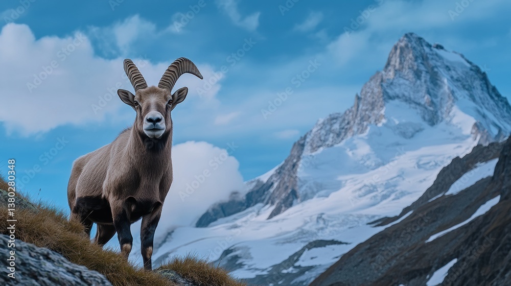 Obraz premium Majestic mountain goat standing on rocky terrain with snow-capped peaks in the background under a clear blue sky