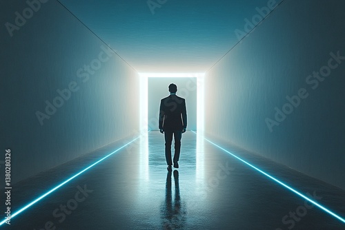 A man in a suit walks towards a bright light at the end of a long, futuristic corridor.  A journey into the unknown.