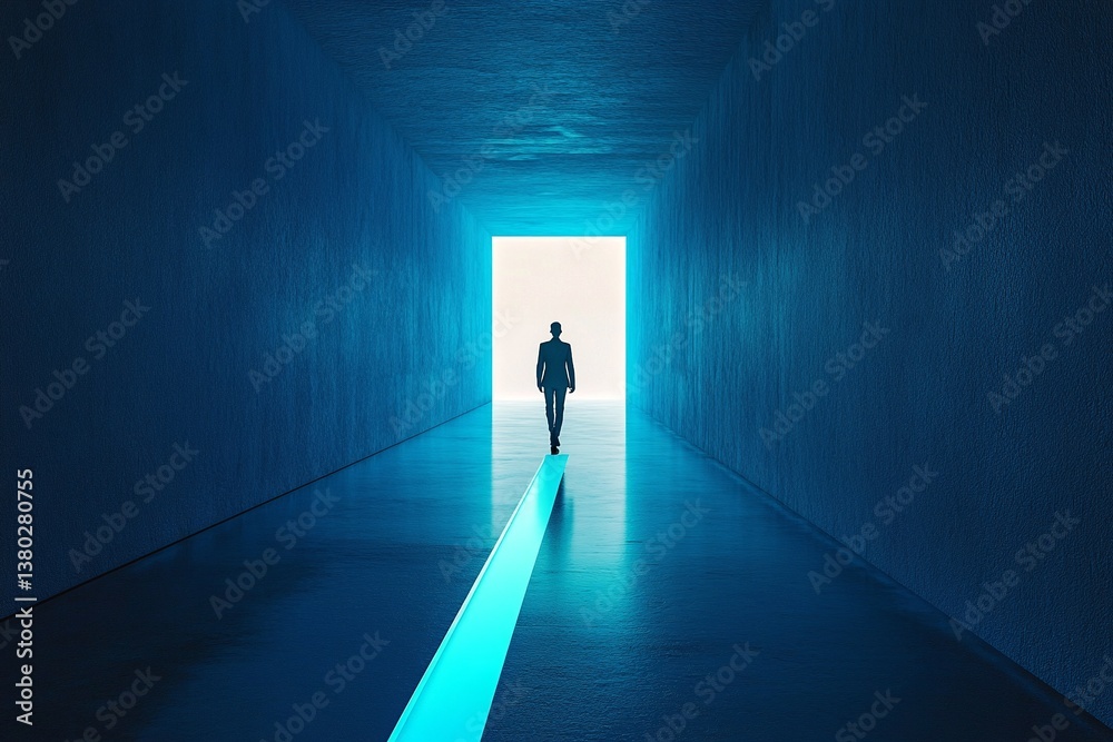 Obraz premium A lone figure walks toward a bright light at the end of a long, blue corridor. A journey of hope and new beginnings.