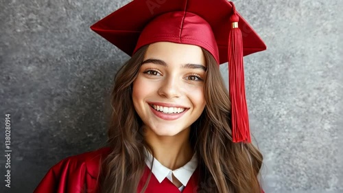 Joyful female graduate in red cap and gown celebrating success with a bright smile against a textured background
