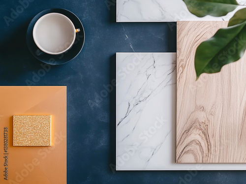 Mood board of interior design, featuring a navy blue color palette with white marble tiles and wooden boards, gold leaf decorative elements, and a coffee cup on the table