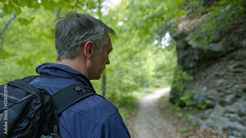 Person Walking on Nature Trail Surrounded by Lush Green Foliage and Rocky Cliff in a Peaceful Forest Setting