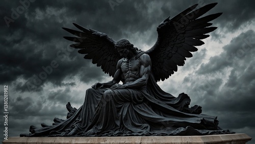 A statue of Thanatos, resting beneath silent black wings, embodying painless eternal sleep