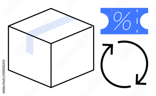 Cardboard box, percentage coupon, and circular arrows indicating return process. Ideal for retail, e-commerce, shipping logistics, customer service, promotions, sales strategy online shopping