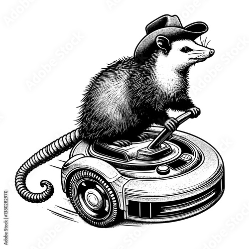 possum wearing a cowboy hat, riding a robotic vacuum cleaner like a mechanical bull at a rodeo engraving generative ai sketch PNG illustration