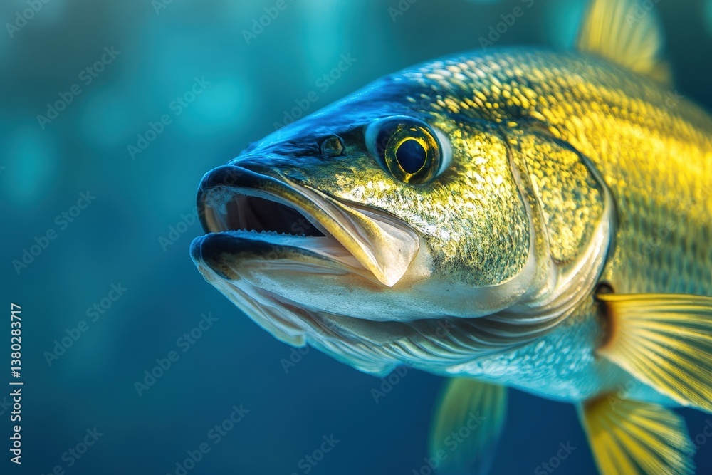 Fototapeta premium A colorful fish swimming underwater with open mouth closeup