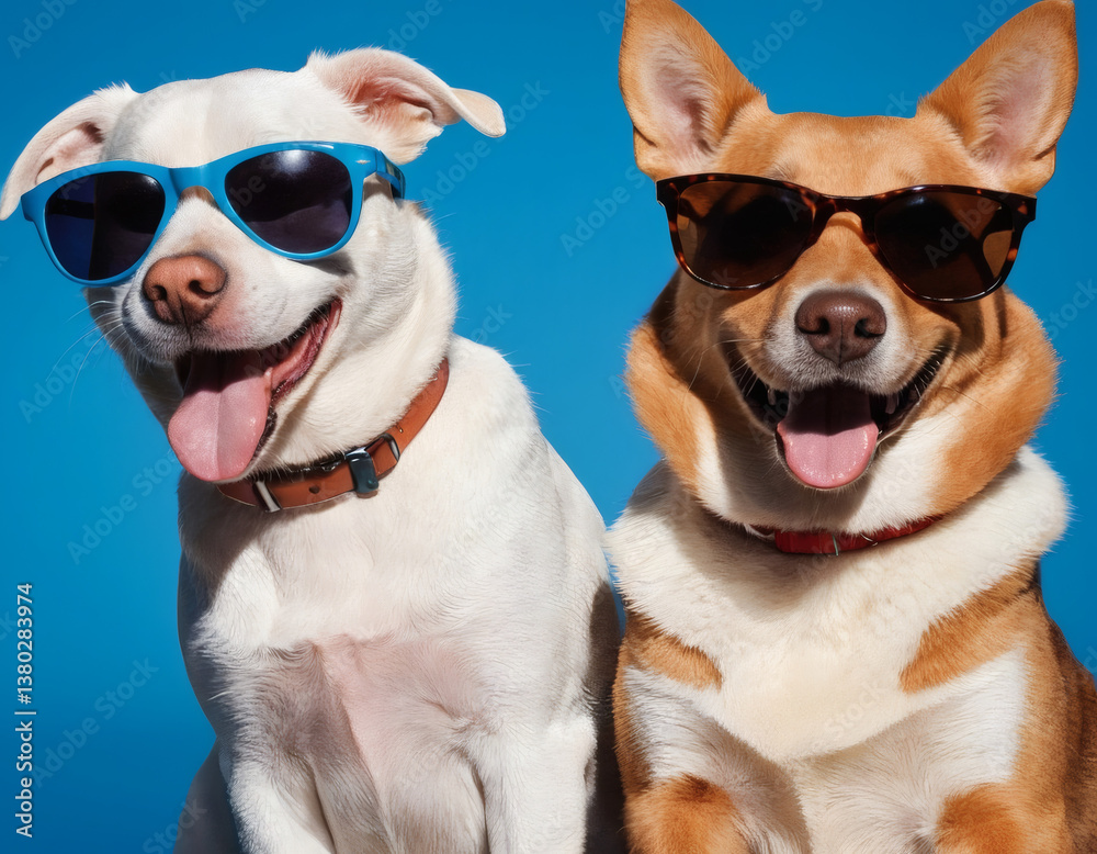 Laughing dog wearing sunglasses on blue background Laughing dog wearing sunglasses on blue background
