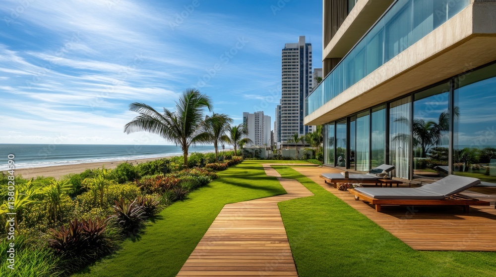 Luxurious modern hotel apartment architecture with transparent windows and terrace or balcony. Expensive holiday travel resort, palms, beach and sea are seen outdoors. Tourism villa accommodation Luxurious modern hotel apartment architecture with transparent windows and terrace or balcony. Expensive holiday travel resort, palms, beach and sea are seen outdoors. Tourism villa accommodation