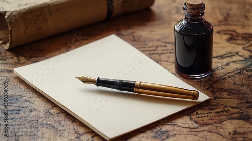 Vintage fountain pen and ink bottle on antique map background