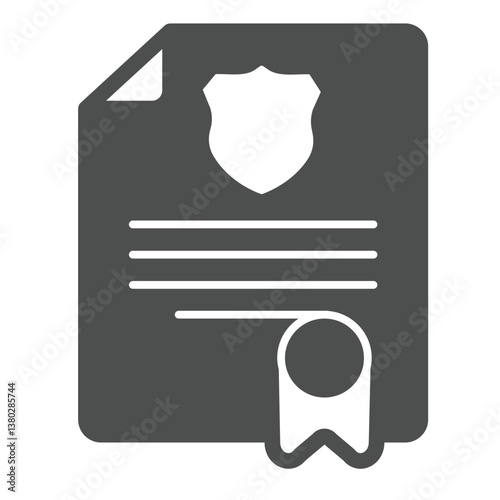 Arrest order document solid icon, law enforcement concept. Vector graphics. Paper with police emblem and seal ribbon sign on white background, glyph style icon for mobile or web design.