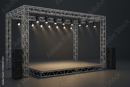 modern stage setup featuring truss structure with spotlights and speakers, ideal for events and performances