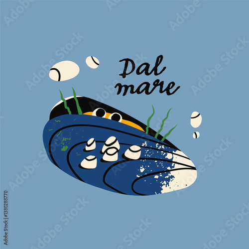 Sea Mussel, clam, shellfish. Cartoon style cute character with eyes. Hand drawn trendy Vector illustration. Sea or ocean creature, natural fresh seafood concept. Isolated design element