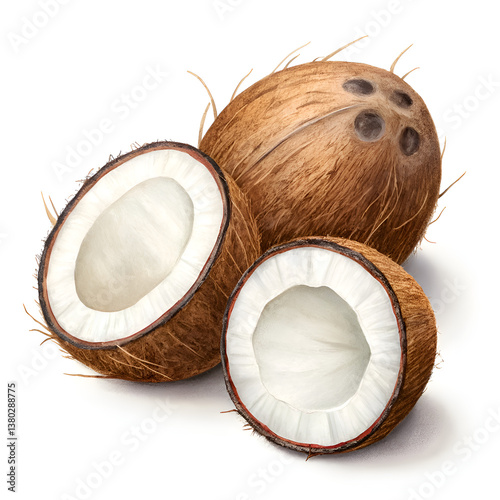 Coconut on white background with a closeup of its brown shell and exposed inner fruit photo