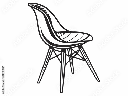 Mid century modern chair vector line drawing with wooden legs stylish furniture

