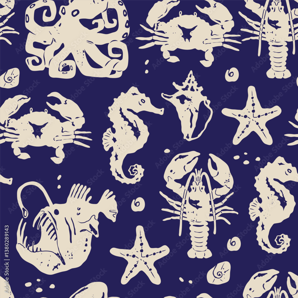 Fototapeta premium Marine, ocean life. Underwater sea creatures set. Octopus, seahorse, nautilus shell, angler fish, crab, lobster, starfish. Hand drawn modern Vector illustration. Square seamless Pattern, background