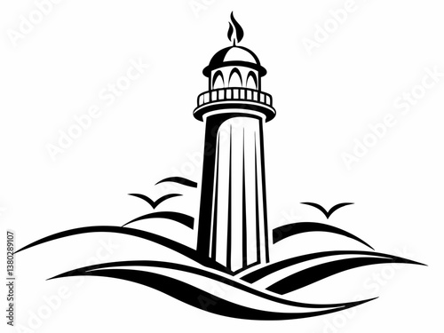 Lighthouse on ocean waves with birds vector illustration coastal navigation guide


