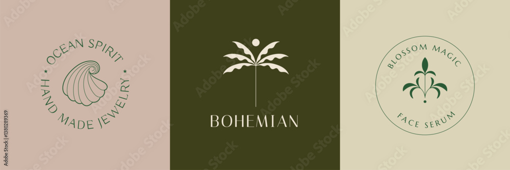 Vector set of logo design templates and graphic elements, organic cosmetics, floral illustration in simple linear hand drawn style, plants and flowers, natural products emblems