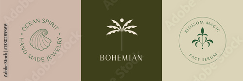 Vector set of logo design templates and graphic elements, organic cosmetics, floral illustration in simple linear hand drawn style, plants and flowers, natural products emblems