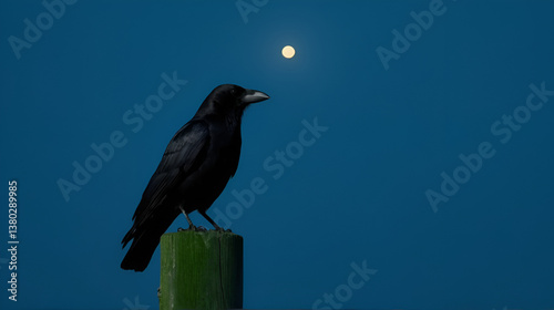 a crow sits on top of a post in a dark sky