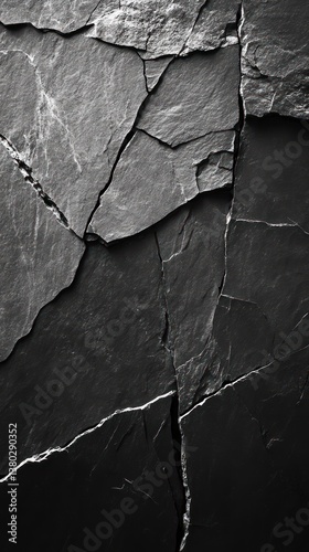A minimalist black-and-white photograph of a cracked slate wall