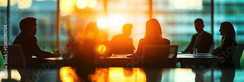 Leadership silhouette and business people in blurred conference room for discussion, development or growth Planning, teamwork or office employees in meeting for negotiation, Wide background