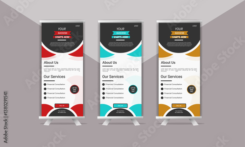 Stylish, minimal company business three Roll up banner design template vector, abstract background, modern x-banner, rectangle size 