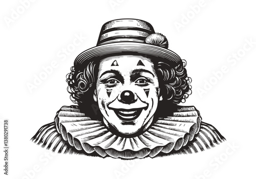  Vintage black and white illustration of a circus clown with a striped hat, ruffled collar, and expressive makeup in a woodcut style
