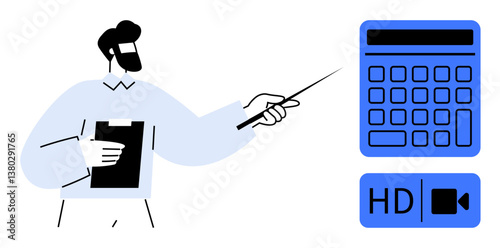 Man holding clipboard and pointing at large calculator with HD video symbol. Ideal for learning, training, finance, education, teaching, online classes, modern design. Flat simple metaphor