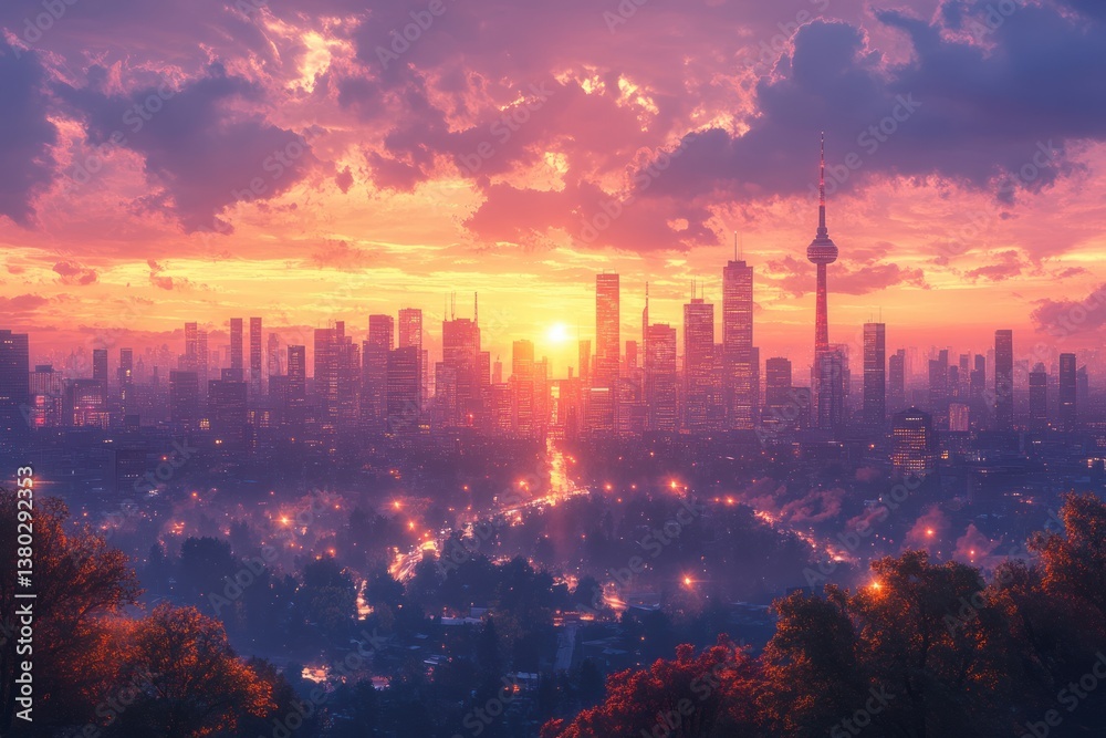 Fototapeta premium Downtown Omaha Nebraska Cityscape at Sunset with Glowing Skyline and Modern Skyscrapers