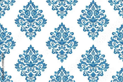 Subtle blue damask pattern on white, featuring delicate paisley elements, graphic, pattern, wallpaper