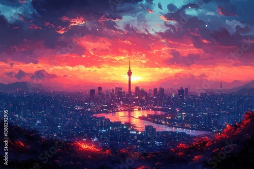 Seoul Skyline at Twilight with Namsan Tower Illuminated