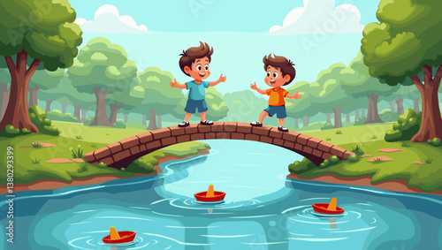 Two joyful boys playing on a bridge over a river with toy boats in a colorful landscape
