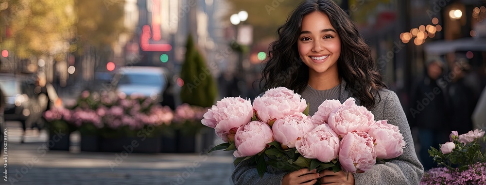 Fototapeta premium A woman showcases large pink peonies against a vibrant city street filled with neon lights late at night, exuding elegance