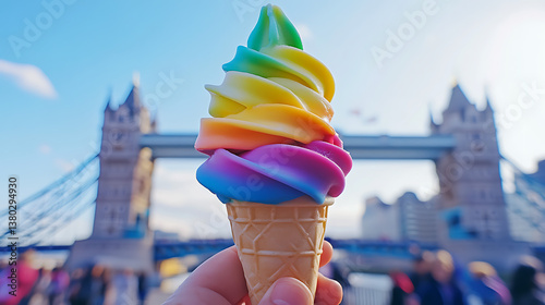 Enjoying rainbow ice cream close up at tower bridge london a sweet vacation travel landmark experience