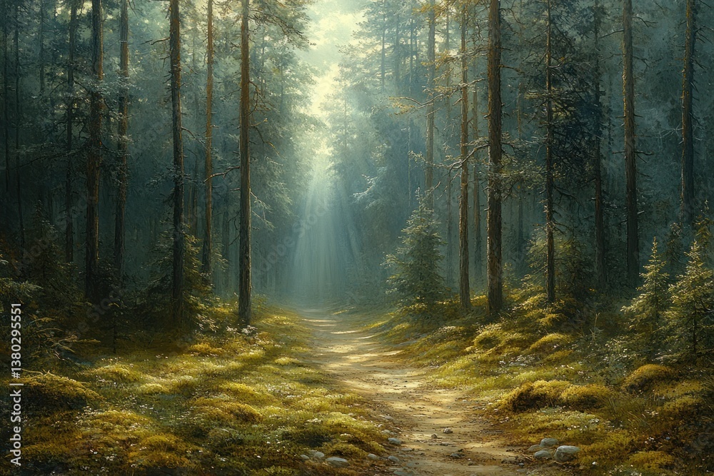 Obraz premium Serene Romantic Forest Path with Soft Sunlight in Autumn European Landscape