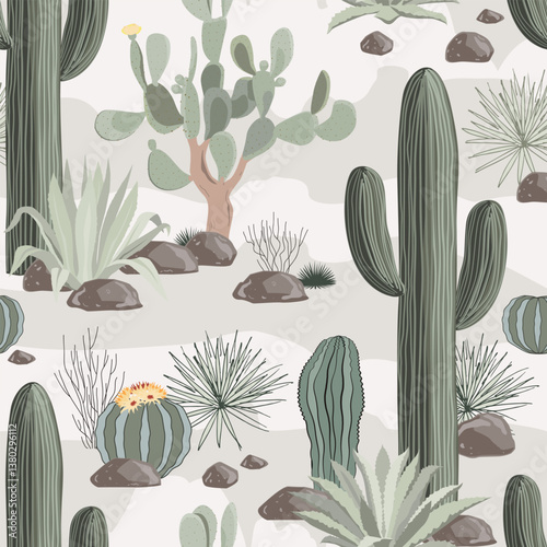Giant cardon and Saguaro cactus and agaves seamless pattern. Cacti landscape background, vector illustration